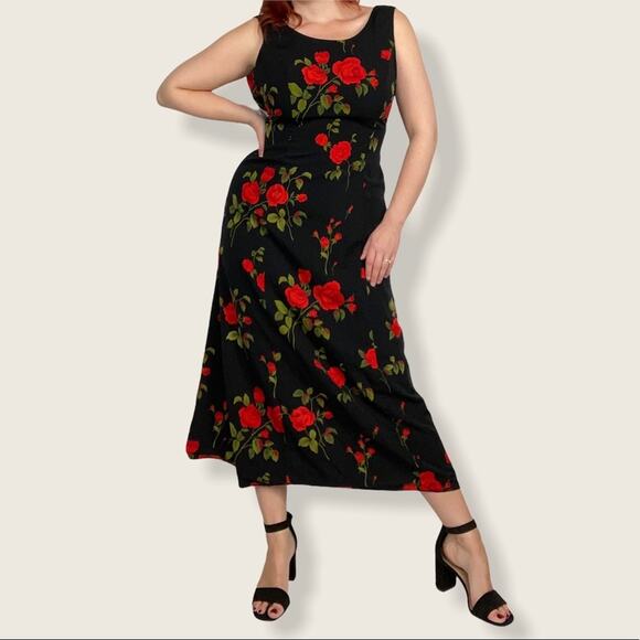 Vintage Studio1 Size 6/8 Red Rose Floating Floral Print Sleeveless Midi Dress - Picture 3 of 13
